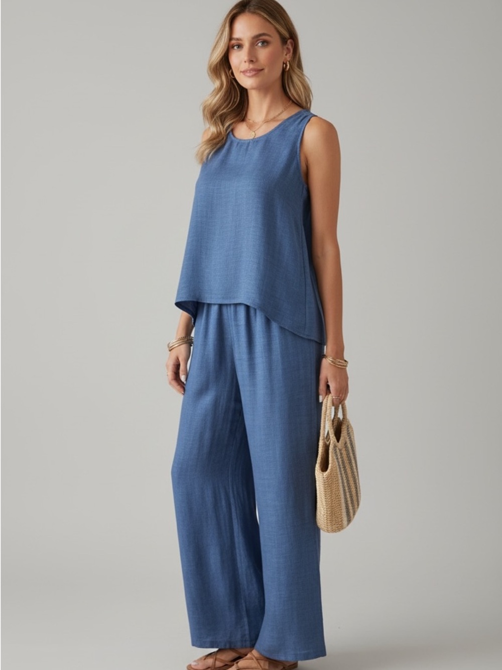 Sleeveless Blue Wide-Leg Set